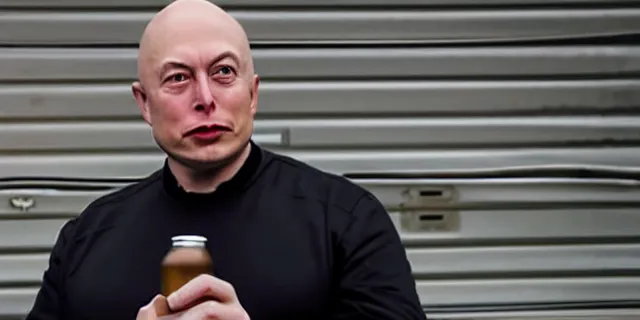 Image similar to bald elon musk in a tracksuit drinking beer in filthy trailer, by ken loach