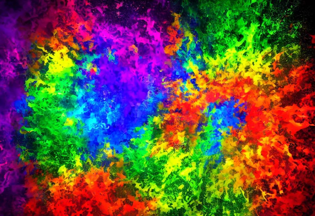 Image similar to people cowering in fear from the limitless creativity monster, rainbow colorful, hd rendering