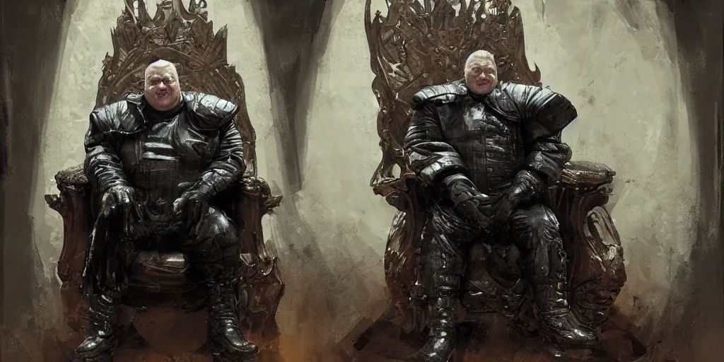 Prompt: shaun ryder as baron harkonnen wearing a leather spacesuit and sitting on a throne in the throne room on guidi prime, by normal rockwell and craig mullins and jeremy mann, photoreal, science fiction character concept art, artstation