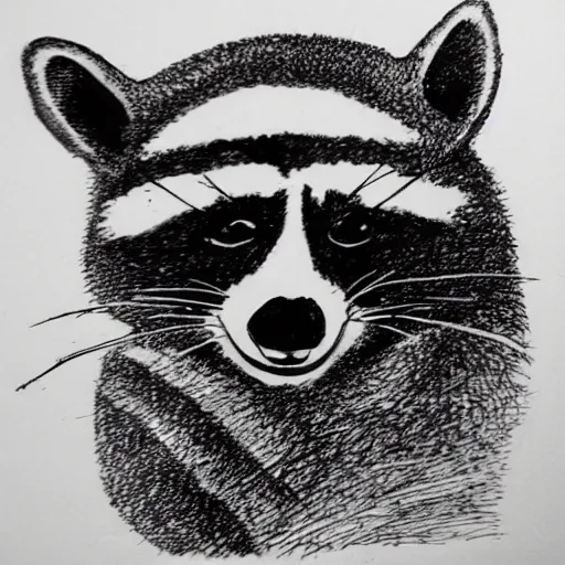 Prompt: pen and ink drawing of a raccoon sitting on the head of a chef