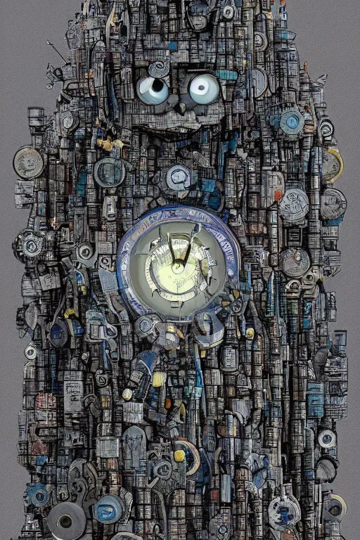 Image similar to a wise old wizard robot made of clocks, painted by wally wood and matt jefferies, trending on artstation, bright macro view pixar, award - winning, blueprint, chillwave, realism