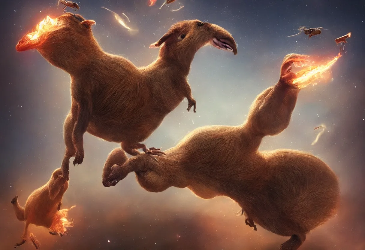 Image similar to a mutant capybara hybrid of velociraptor and elephant floating in space, cinematic, fire, hyperrealistic, trending in artstation, style of wlop