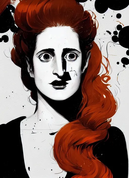 Image similar to highly detailed closeup portrait of beautiful grace gummer as dom dipierro, wavy ginger hair, black dress, by atey ghailan, by greg rutkowski, by greg tocchini, by james gilleard, by joe fenton, by kaethe butcher, gradient orange, black and white color scheme, grunge aesthetic!!! ( ( graffiti tag wall background ) )