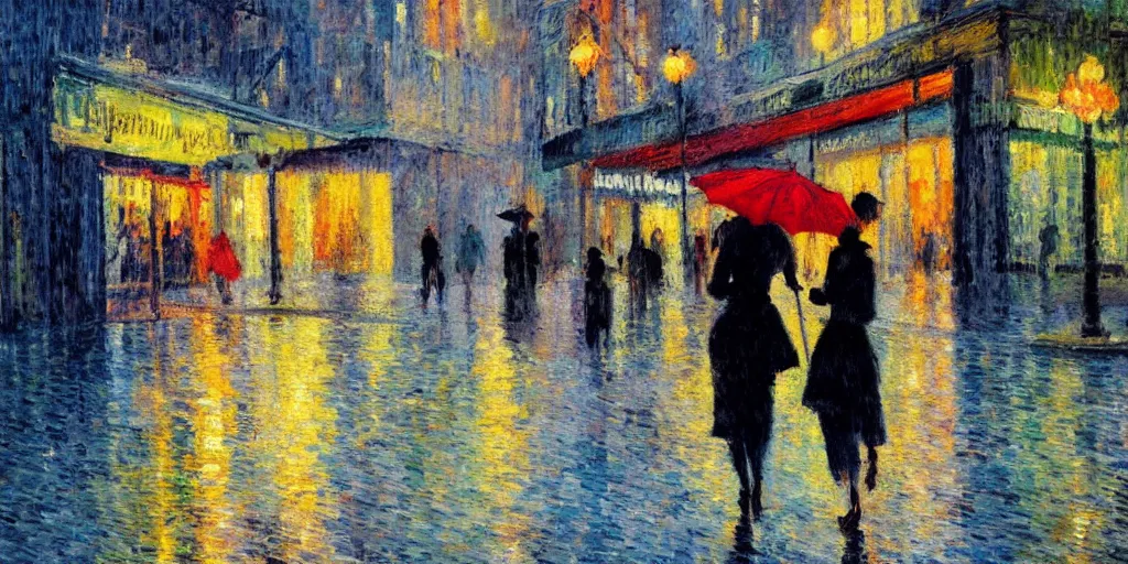 Prompt: evening city scene with young woman with umbrella. beautiful use of light and shadow to create a sense of depth and movement. neo - impressionism, using energetic brushwork and a limited color palette, providing a distinctive look and expressive quality in a rhythmic composition