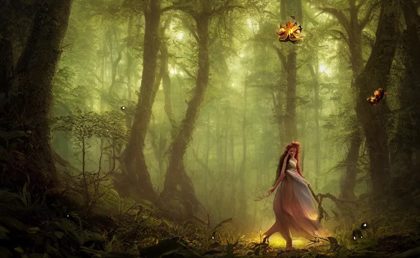 Image similar to a joyful fairy queen, in a dark forest, telephoto, rule of thirds, symmetry, beautiful, magical, fireflies, mysterious matte painting by greg rutkowski and marc simonetti and ivan shishkin, 4 k