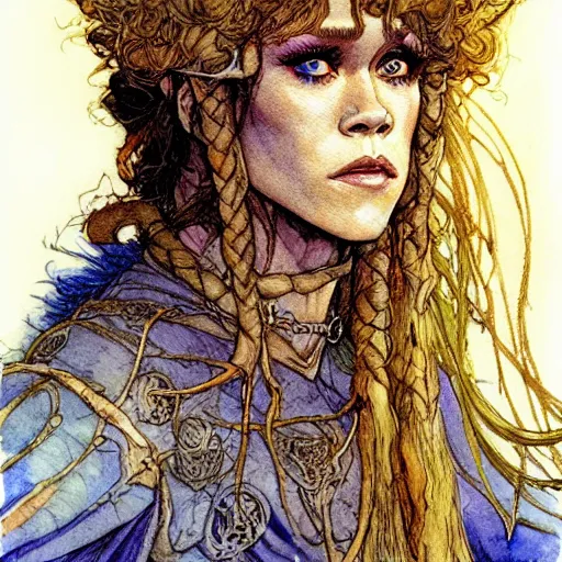 Image similar to a realistic and atmospheric watercolour fantasy character concept art portrait of a young jane fonda as a druidic warrior wizard looking at the camera with an intelligent gaze by rebecca guay, michael kaluta, charles vess and jean moebius giraud