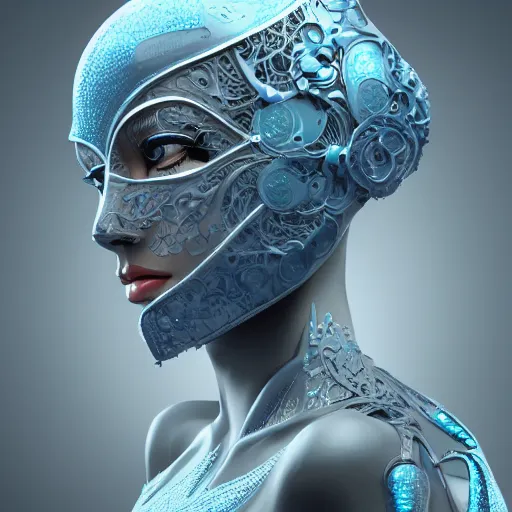 Prompt: female android, face masked with filigree, elegant, intricate, highly detailed, filigree, steel, phthalo blue, trending on artstation, smooth, digital painting, sharp focus