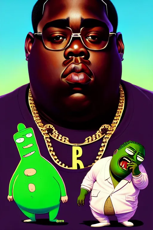 Image similar to the notorious b. i. g. as pickle rick, animation pixar style, shaded lighting poster by magali villeneuve, artgerm, jeremy lipkin and michael garmash, rob rey and kentaro miura style, trending on art station