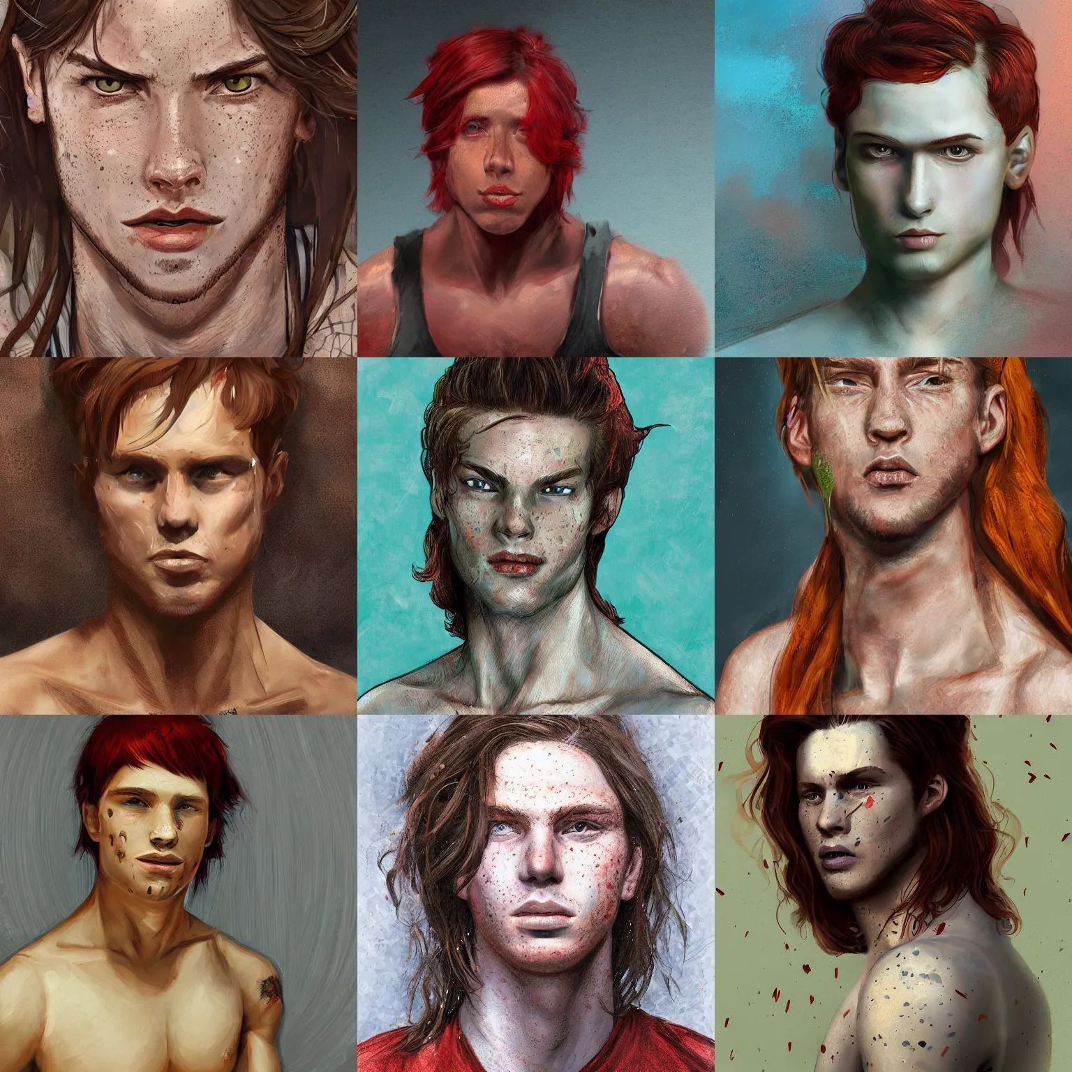 Prompt: portrait of a teen boy with long red hair and a lot of freckles and muscular, intricate, highly detailed, digital painting, artstation, sharp focus, illustration