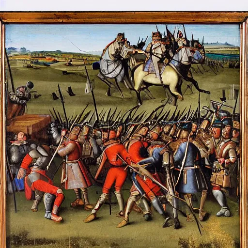 Image similar to Battle of Pavia in 1525, Landsknecht vs Swiss pikemen, medieval painting