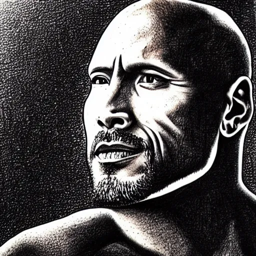 Prompt: dwayne johnson, pen and ink, stippling