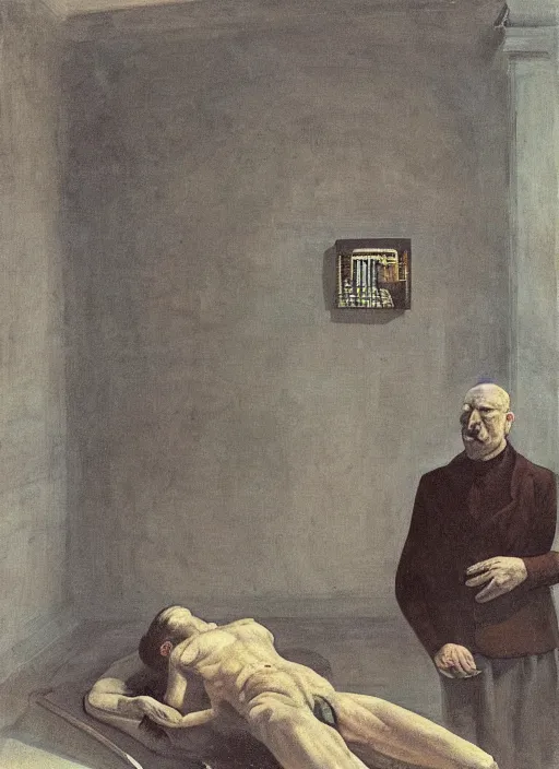 Image similar to a teratoma in the middle of a museum room realizing that he has consciousness painted by edward hooper and goya and giorgio de chirico