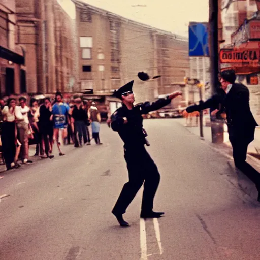 Prompt: a young man throwing a rabbit at a cop, leica m 9, voigtlander 3 5 mm, 1 9 6 0 s