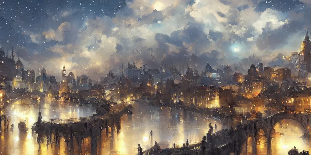 Prompt: stunning landscape painting of an city from 1 7 0 0 with stars in the sky by krenz cushart