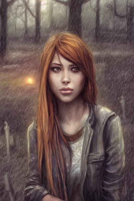 Image similar to tv scene of rachel amber from life is strange standing in a graveyard in the rain, highly detailed, sharp focused, ultra realistic digital concept art by Alyssa Monks, Charlie Bowater