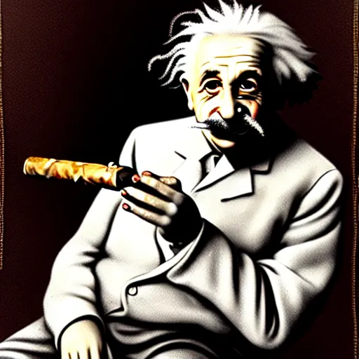 Image similar to Albert Einstein smoking a cigar while holding a bottle of wine in his hand, sitting on a bench in the park, highly detailed, full body, sad atmosphere, in the style of Roberto Ferri