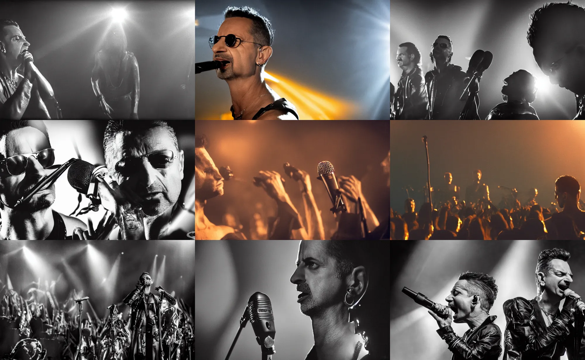 Prompt: cinematic close up artwork of warriors watching dave gahan from depeche mode wearing armor singing into a microphone by greg rutowski, 4 k, sun rays, masterpiece