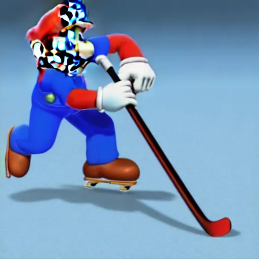 Prompt: super mario playing hockey, highly detailed, extremely high quality, hd, 4 k, 8 k, canon 3 0 0 mm, professional photographer, 4 0 mp, lifelike, top - rated, award winning, realistic, detailed lighting, detailed shadows, sharp, no blur, edited, corrected, trending