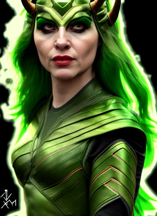 Prompt: Billie as Female Loki, Goddess of Mischief, sci fi, elegant, olive skin color, hyper realistic, hyper detail, very detailed, digital art, trending on artstation, smooth render, 8k blender render,