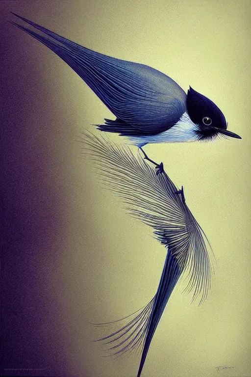 Prompt: Ethereal Asian Paradise Flycatcher bird, intricate detail, ornate, conceptual art, soft light, dynamic, art by artgerm