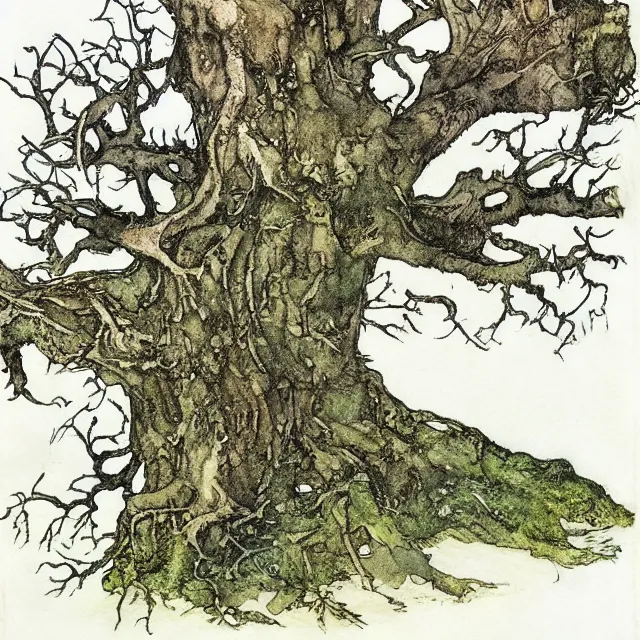 Image similar to a detailed, intricate watercolor and ink illustration with fine lines, of a mossy oak tree, by arthur rackham and edmund dulac and ted nutall