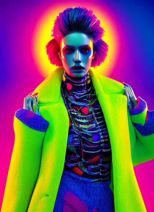 Prompt: coat for a rave, bright colors, many details, prints, photo for a magazine, photo for a store, fashion photography, Vogue, 135 mm, cinematic, hyper realism, high detail, octane render, 8k, chrome accents, very coherent symmetrical artwork, perfect face model, full length photo, Upper and lower body