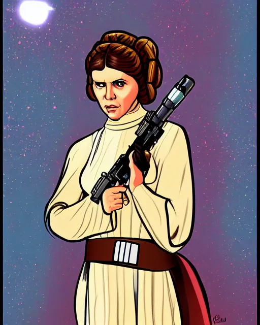 Prompt: princess leia in star wars, 1977, digital art, cdx