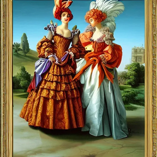 Prompt: women dressed in monica beluchi style keeps in hands rooster by greg hildebrandt fancy rococo baroque regal oil painting high quality award winning clothed in fancy garb