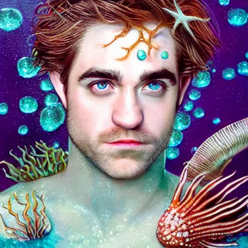 Image similar to “ robert pattison portrait, fantasy, mermaid, hyperrealistic, highly detailed, cinematic lighting, pearls, glowing hair, shells, gills, crown, water, highlights, starfish, jewelry, realistic, digital art, pastel, magic, fiction, ocean, game, king, colorful hair, sparkly eyes, fish, romantic, god, waves, bubbles ”