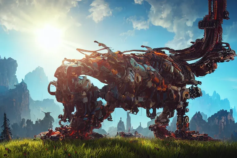 Image similar to sawtooth machine mecanical creature robot of horizon forbidden west horizon zero dawn radiating a glowing aura global illumination ray tracing hdr fanart arstation by ian pesty and alena aenami artworks in 4 k