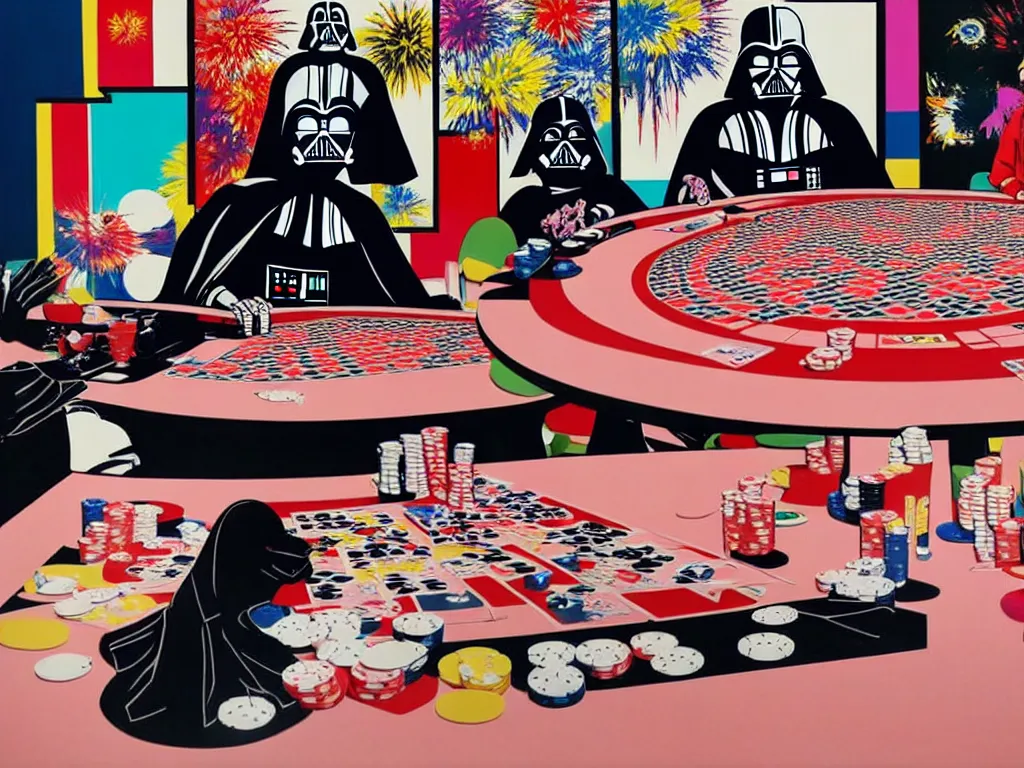 Image similar to hyper - realistic composition of a room with an extremely detailed poker table, woman in traditional japanese kimono standing nearby, darth vader sitting at the table, fireworks in the background, pop art style, jackie tsai style, andy warhol style, acrylic on canvas, dull palette