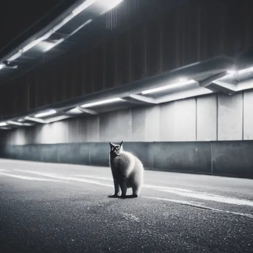 Image similar to a cat waiting at an overhead carpark at night, cinematic lighting