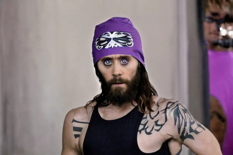 Image similar to medium full shot of jared leto as a white gang member wearing a purple head covering made from a polyester or nylon material and a white tank top sliding on a opp in the new movie directed by ice cube, movie still frame, arms covered in gang tattoo, promotional image, critically condemned, top 1 5 worst movie ever imdb list, public condemned, relentlessly detailed