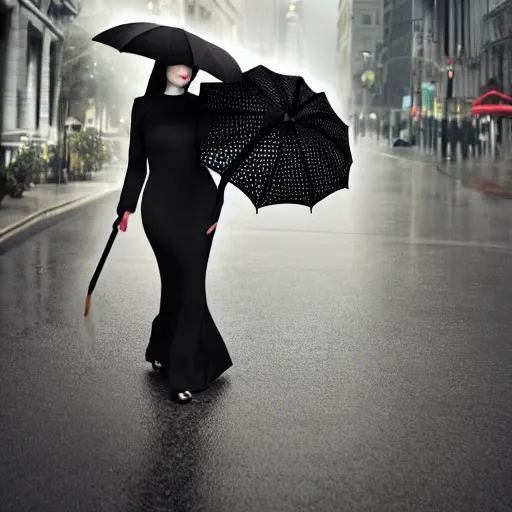 Prompt: morticia addams holding an parasol during a [ humid, rainy day ] as she saunters across the city, trending on artstation, 4 k photorealism, unsplash contest winner, shot by jimmy nelson