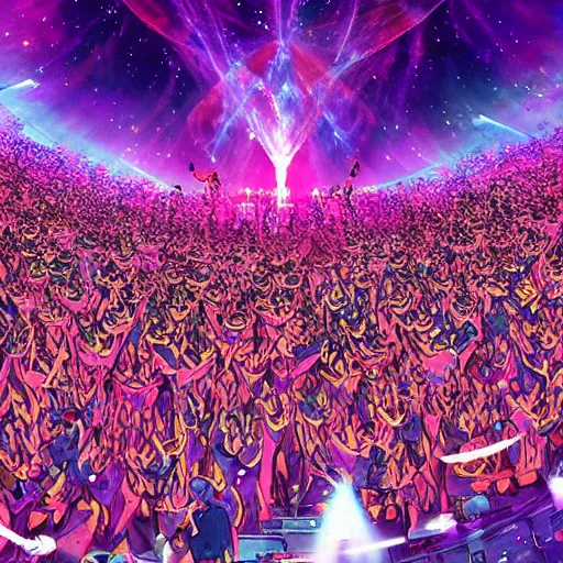 Prompt: BTS performing the ultimate space concert in the 8th dimension, universe, beautiful, vivid, hyper detailed, huge crowd cheering, digital art,