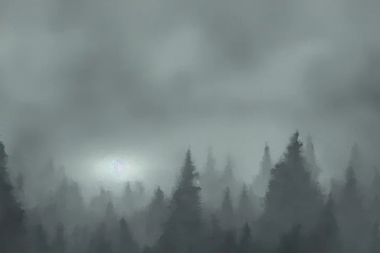 Prompt: mysterious floating island in the clouds above a forest, foggy, digital painting