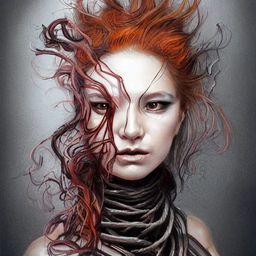 Prompt: portrait of a Shibari rope wrapped face and neck, headshot, insanely nice professional hair style, dramatic hair color, digital painting, of a 17th century wealthy cyborg merchant, amber jewels, baroque, ornate clothing, scifi, realistic, hyper detail, chiaroscuro, concept art, art by Franz Hals and Jon Foster and Ayami Kojima and Amano and Karol Bak,