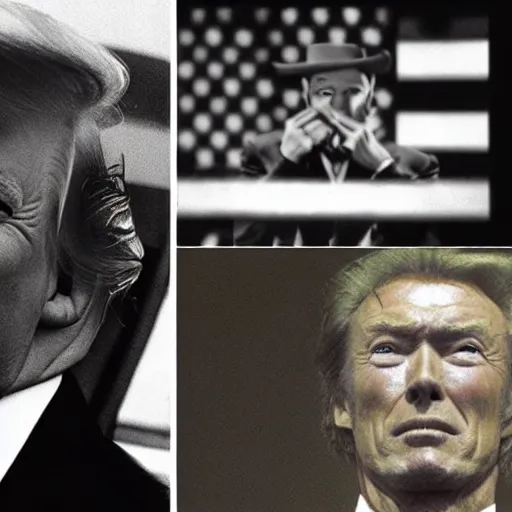 Image similar to donald trump as clint eastwood squinting at high noon in the style of a clint eastwood movie, the good, the bad and the ugly, clint eastwood, steven seagal, bud spencer, donald trump, glory days, american flag, patriotism