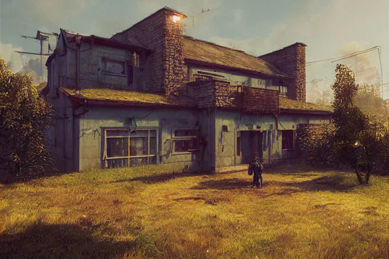 Image similar to cyberpunk, an estate agent listing photo of a 5 bedroom detached house in the countryside, by Beksinski, highly detailed, photorealistic, unreal engine, 8k, anamorphic, cinestill cinematrography