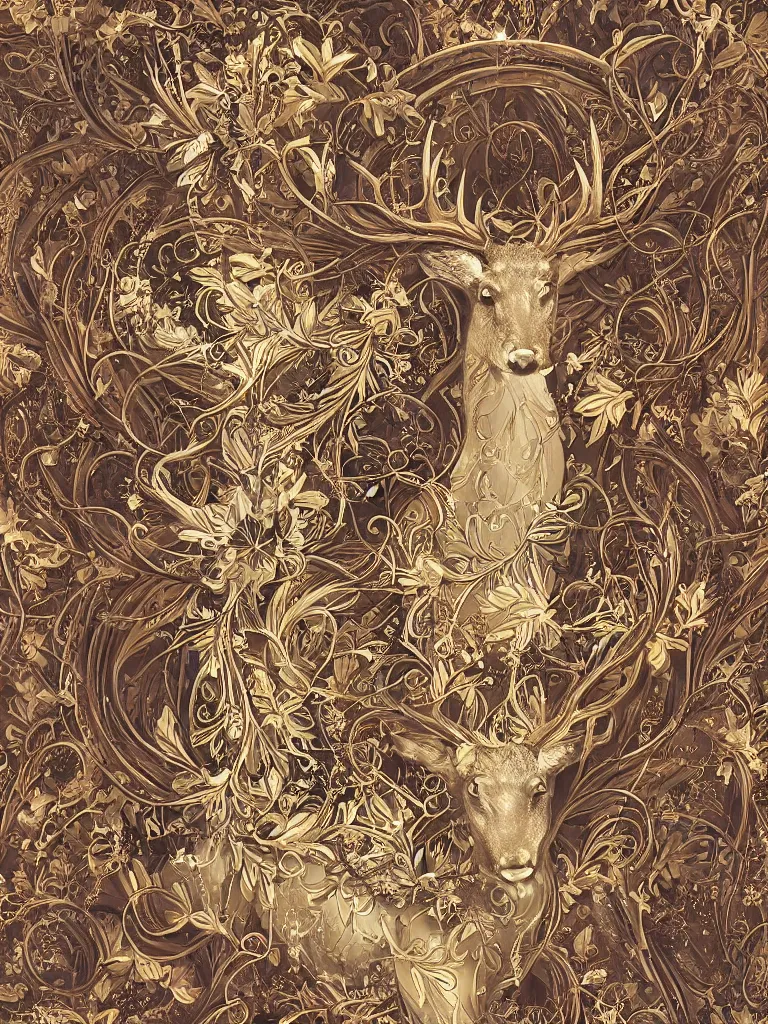 Prompt: beautiful decorative ornament with spirit deer, decorative design, classical ornament, bilateral symmetry, symmetrical, centered, wildflowers, iconic, simple, stanley artgerm lau, wlop, rossdraws, james jean, andrei riabovitchev, marc simonetti, yoshitaka amano,
