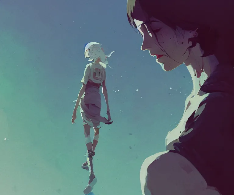 Prompt: the converse of the big, naturel, art style by atey ghailan, greg rutkowski, greg tocchini, james gilleard, joe gb fenton, in kaethe butcher, dynamic lighting, gradient light blue, brown, blonde cream and white color in scheme, grunge aesthetic