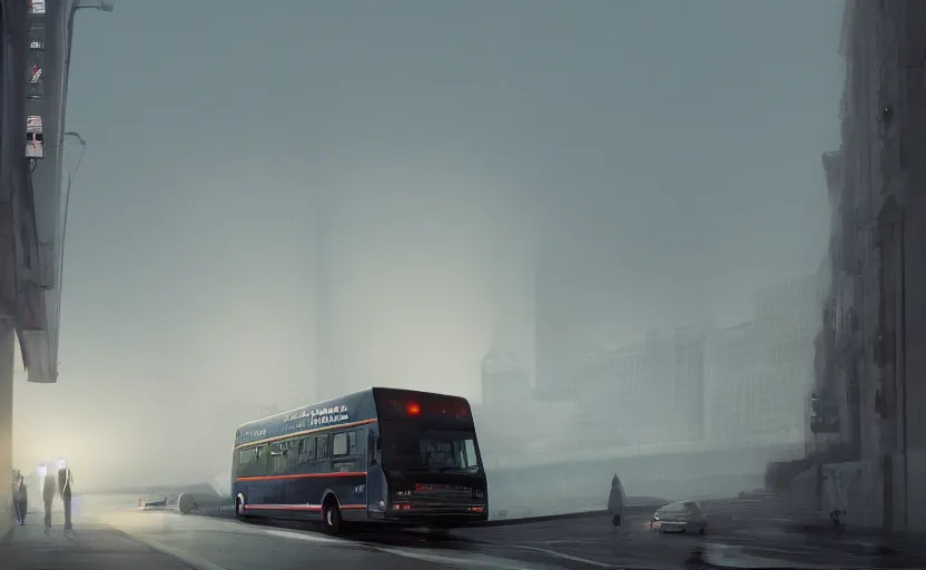 Image similar to exterior traveling greyhound bus circa 2 0 1 5, directed by charlie kaufman ( 2 0 0 1 ) anamorphic lenses, foggy volumetric light morning, cinematic trending on artstation in the style of greg rutkowski