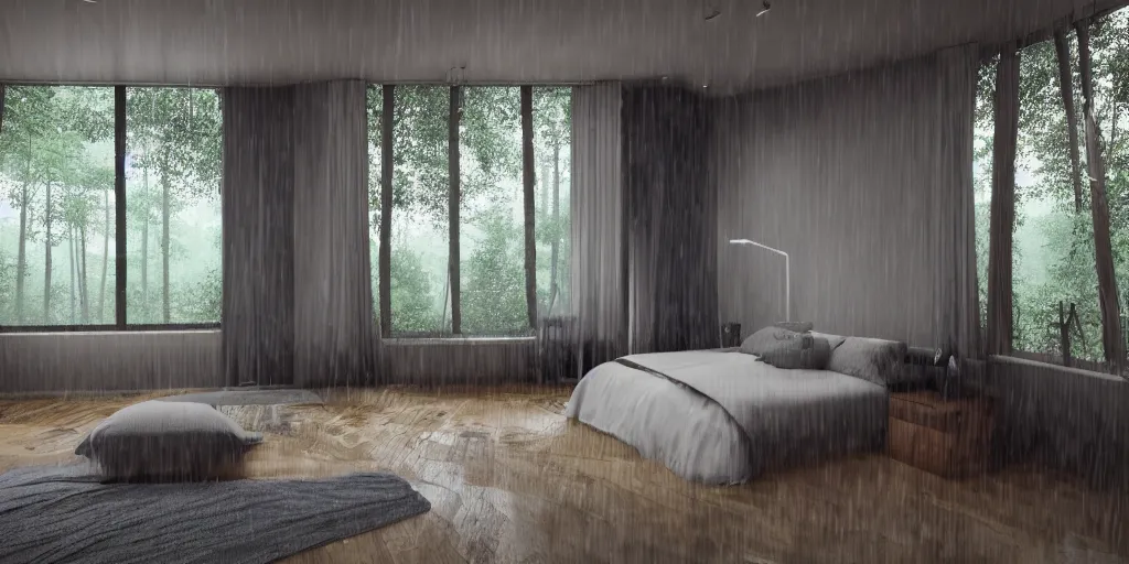 Image similar to a view inside modern bedroom in the middle of a raining forest with river, unreal 5, hyperrealistic, realistic, photorealistic, dynamic lighting, highly detailed, cinematic landscape, studio landscape, studio lighting