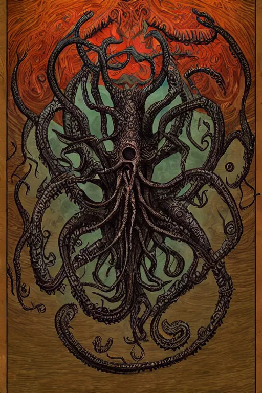 Image similar to ancient eldritch horror cthulhu, mind flayer, illithid, concept art, digital art, tarot card, highly detailed, ornate border, in the style of dungeons and dragons