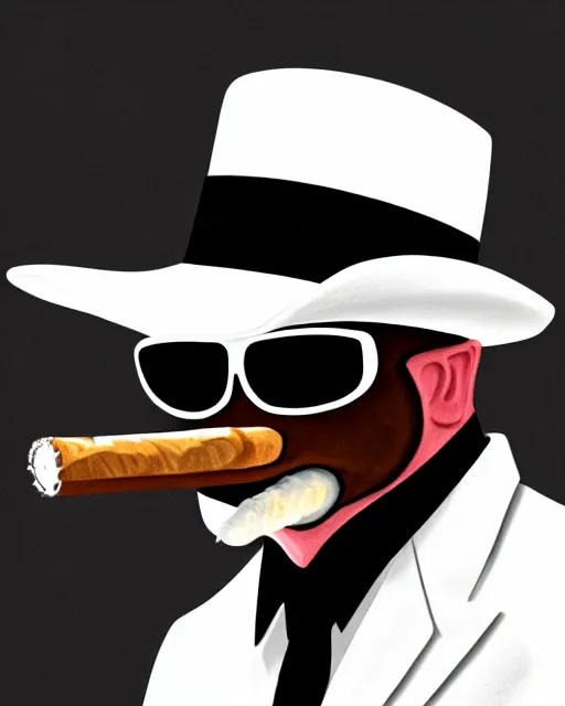 Prompt: highly detailed digital art portrait of anthropomorphic fox animal wearing a white suit, white cowboy hat, and reflective sunglasses, smoking cigar, fox animal, golf course in background, reflective aviator sunglasses, highly detailed digital art, furaffinity