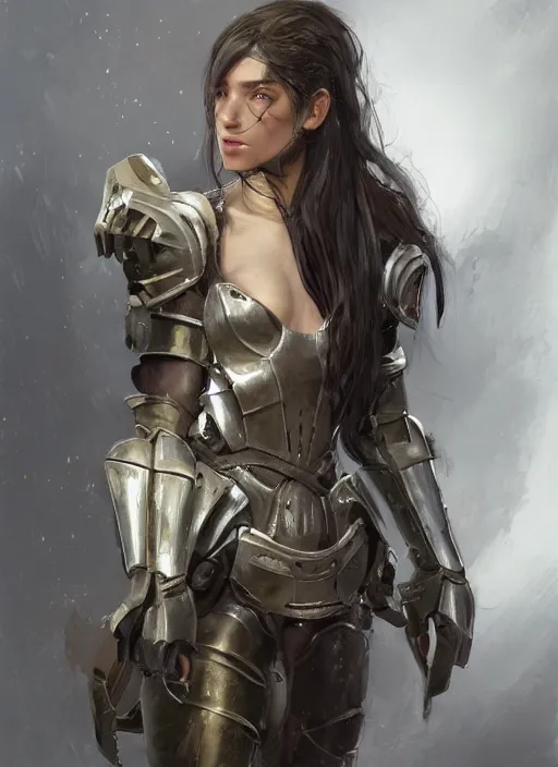 Prompt: a professional photographic portrait of a beautiful young female, clothed in battle armor, exposed waist, olive skin, long dark hair, beautiful bone structure, symmetrical facial features, intricate, elegant, digital painting, concept art, smooth, sharp focus, illustration, from Metal Gear, by Ruan Jia and Mandy Jurgens and Artgerm and William-Adolphe Bouguerea