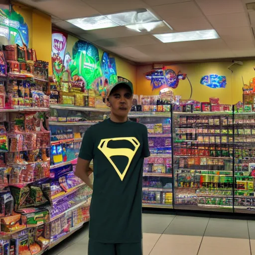 Image similar to Vision superhero working as a 7/11 cashier, wide wide shot, very detailed, hdr photograph, beautiful lighting