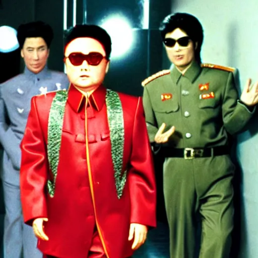 Image similar to A movie still of Kim Jong Il wearing a disco suit in Satuday Night Fever