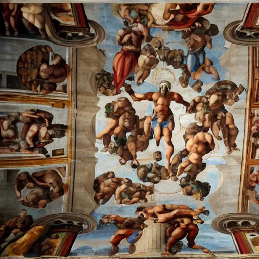 Image similar to realistic biblical painting of the robot uprising, historic depiction, on the ceiling of the sistine chapel, by michelangelo