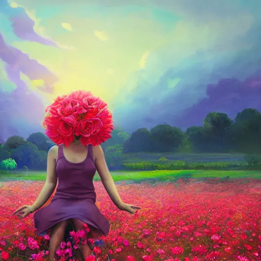 Image similar to giant rose flower head, full body girl sitting in a flower field, surreal photography, sunrise, dramatic light, impressionist painting, colorful clouds, digital painting, artstation, simon stalenhag